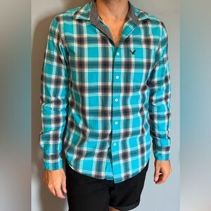 American Eagle Outfitters Teal and Black Plaid Men's Shirt